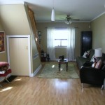 view from the kitchen to the open concept dining room - living rom